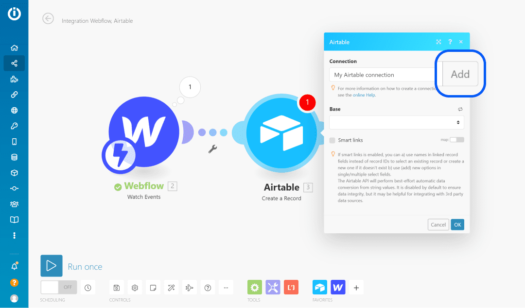 Bouton "Add" sur le module Airtable dans l'espace de travail Integromat