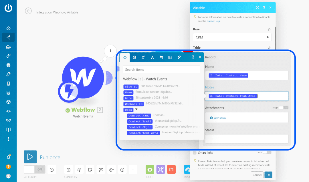 Remplissage du balisage de données dans le module Airtable depuis l'espace de travail Integromat