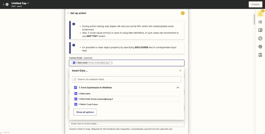 capture d'écran du paramétrage de champs hubspot dans zapier