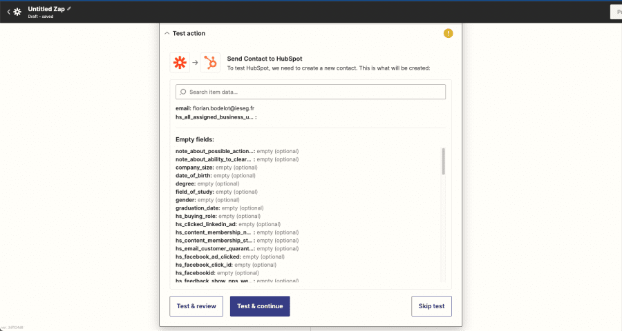 capture d'écran du test de workflow hubspot dans zapier
