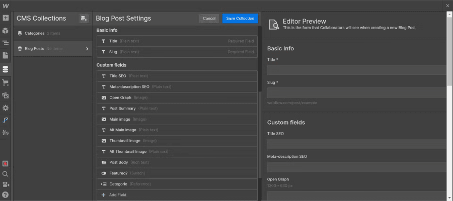 Creation of the Webflow Blog collection