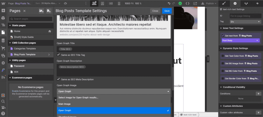 Setting up open graph dynamic page webflow blog