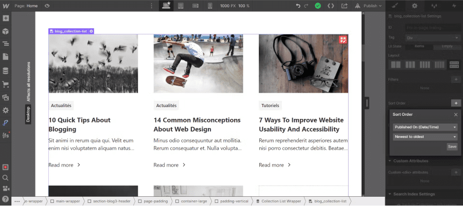 sort published time newest to oldest blog webflow