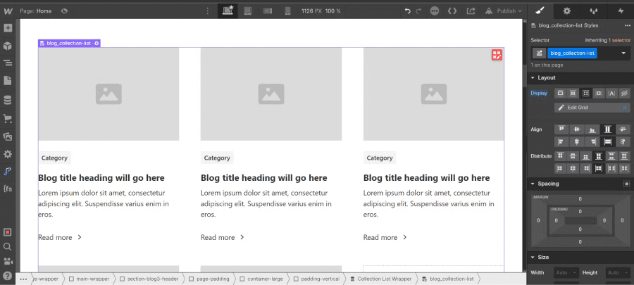 display collection list grid blog webflow