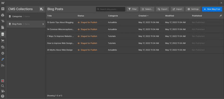 Generation of 5 articles in the webflow blog collection