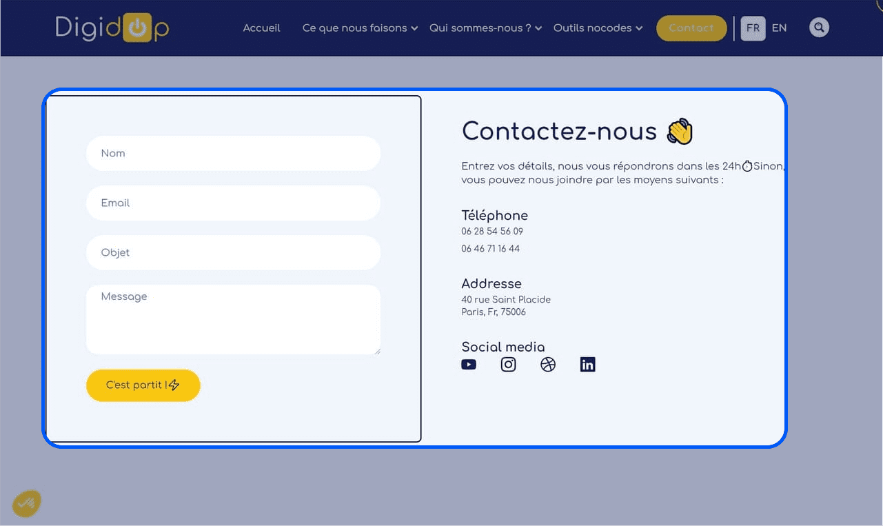 Formulaire de contact sur le site internet de Digidop