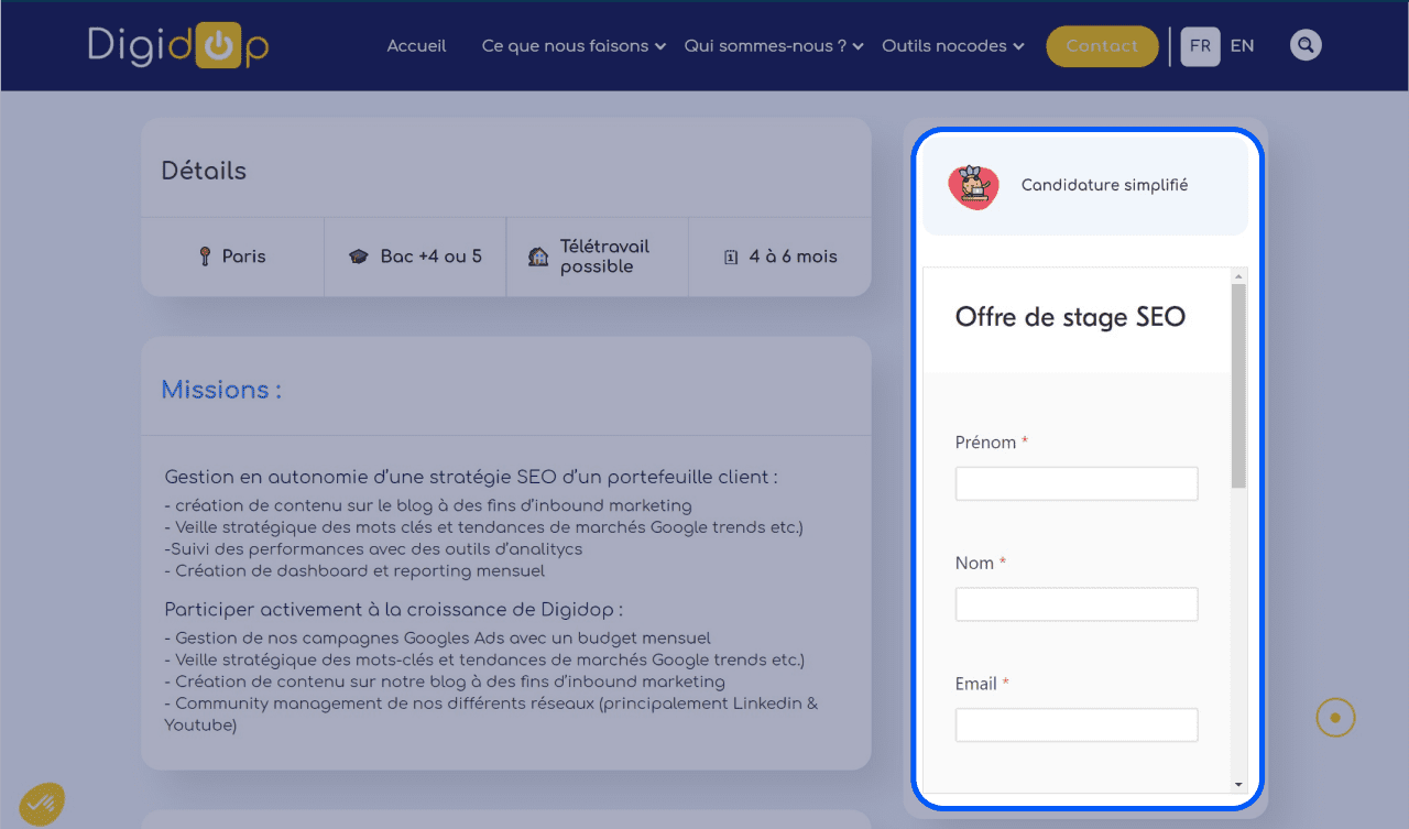 Offre de stage avec focus sur le formulaire de candidature