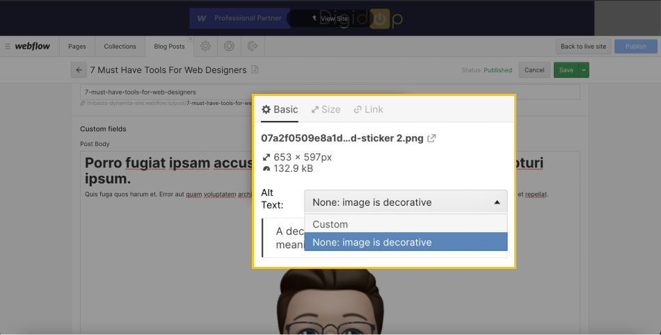 Définir une image décorative dans le mode éditeur Webflow