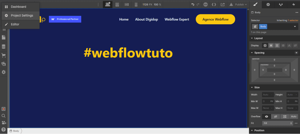 Go to the Webflow project settings from the Designer