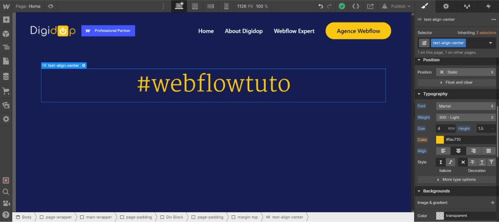 Changing the font in Webflow from the Style tab and the Typography section: Text in the Martel font