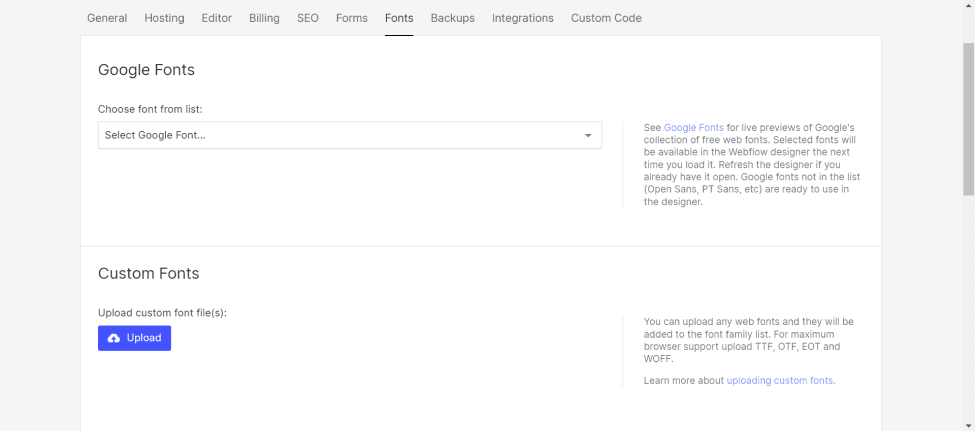 Fonts tab in the Webflow project settings