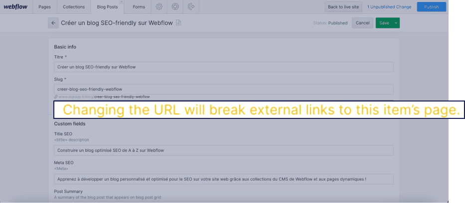 Changement URL item collection CMS Webflow