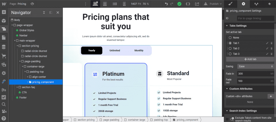 Paramètres de l'élément Tabs de Webflow