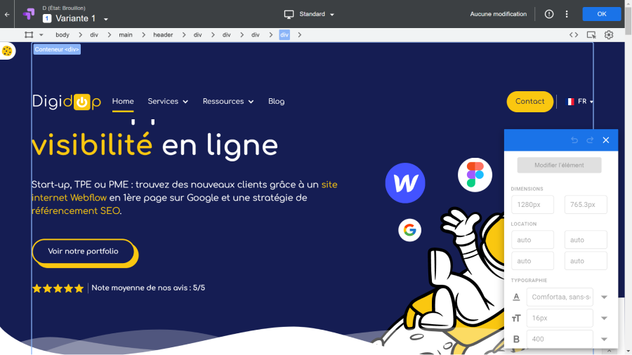 interface de modification de variantes google opimize sur le site digidop.fr