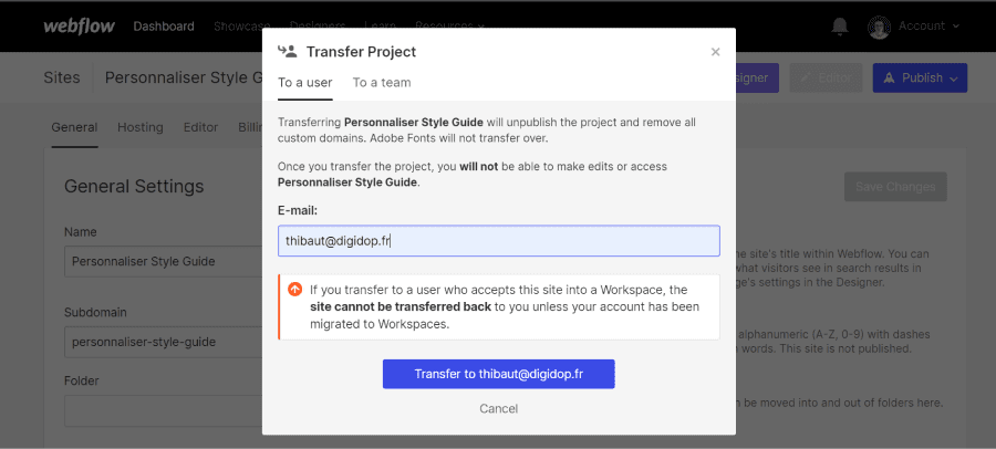 Transfert projet webflow à un utilisateur