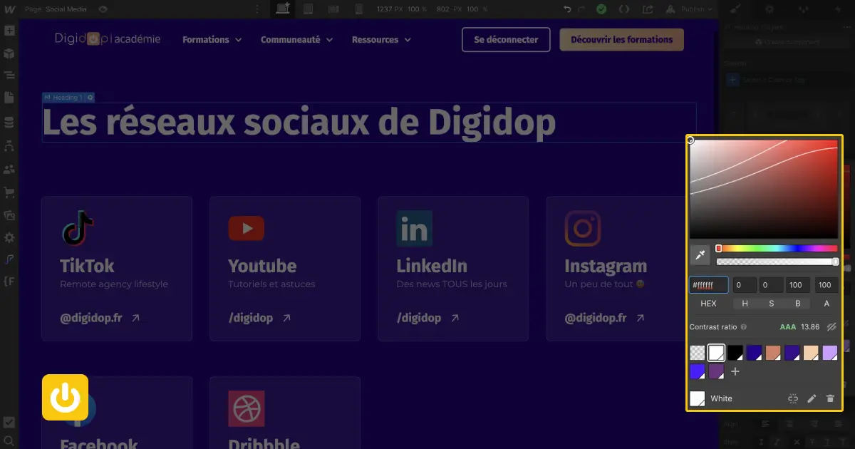 Aperçu de l'outil de couleur ratio check sur Webflow