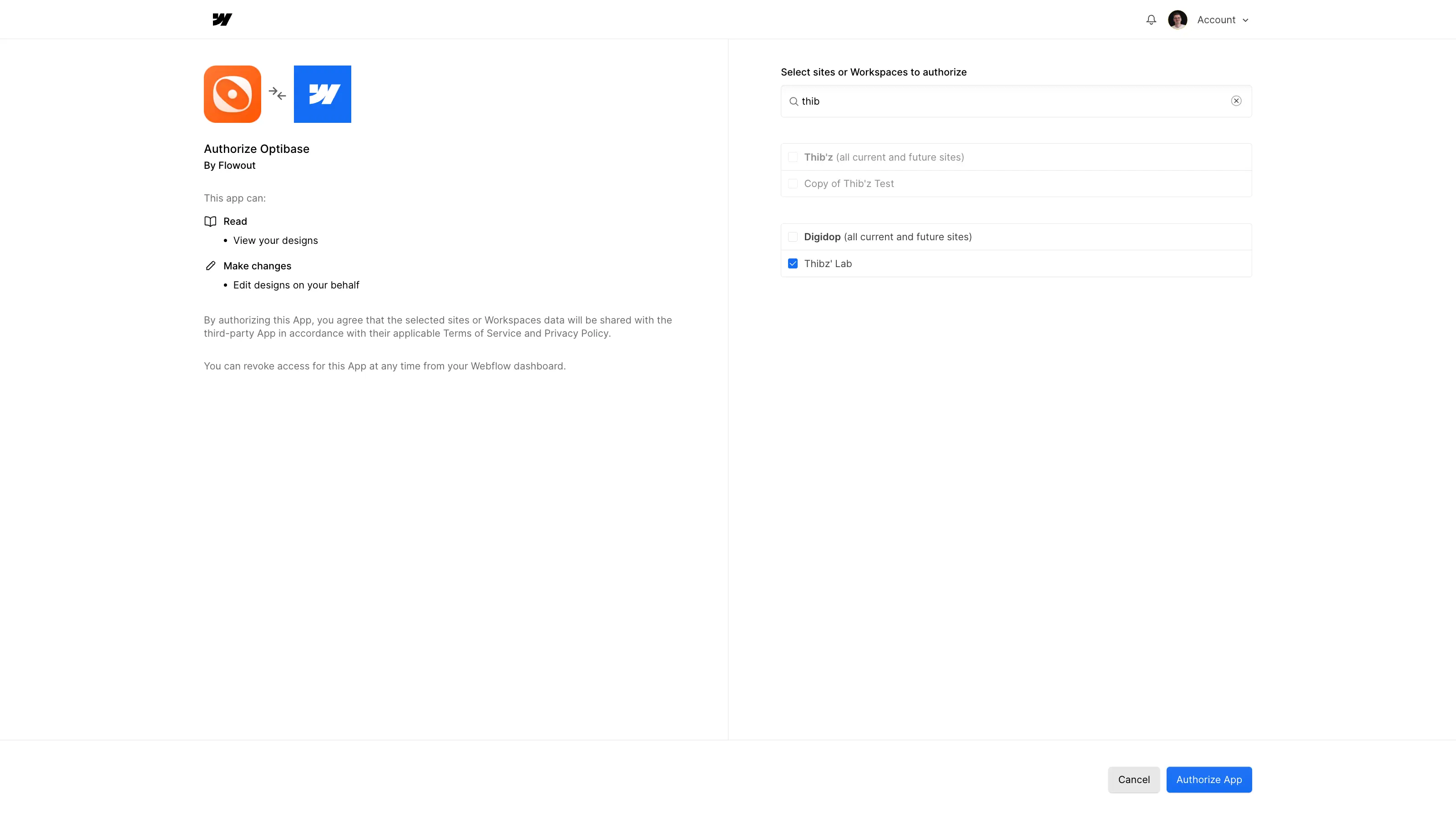 Connection Optibase Webflow project