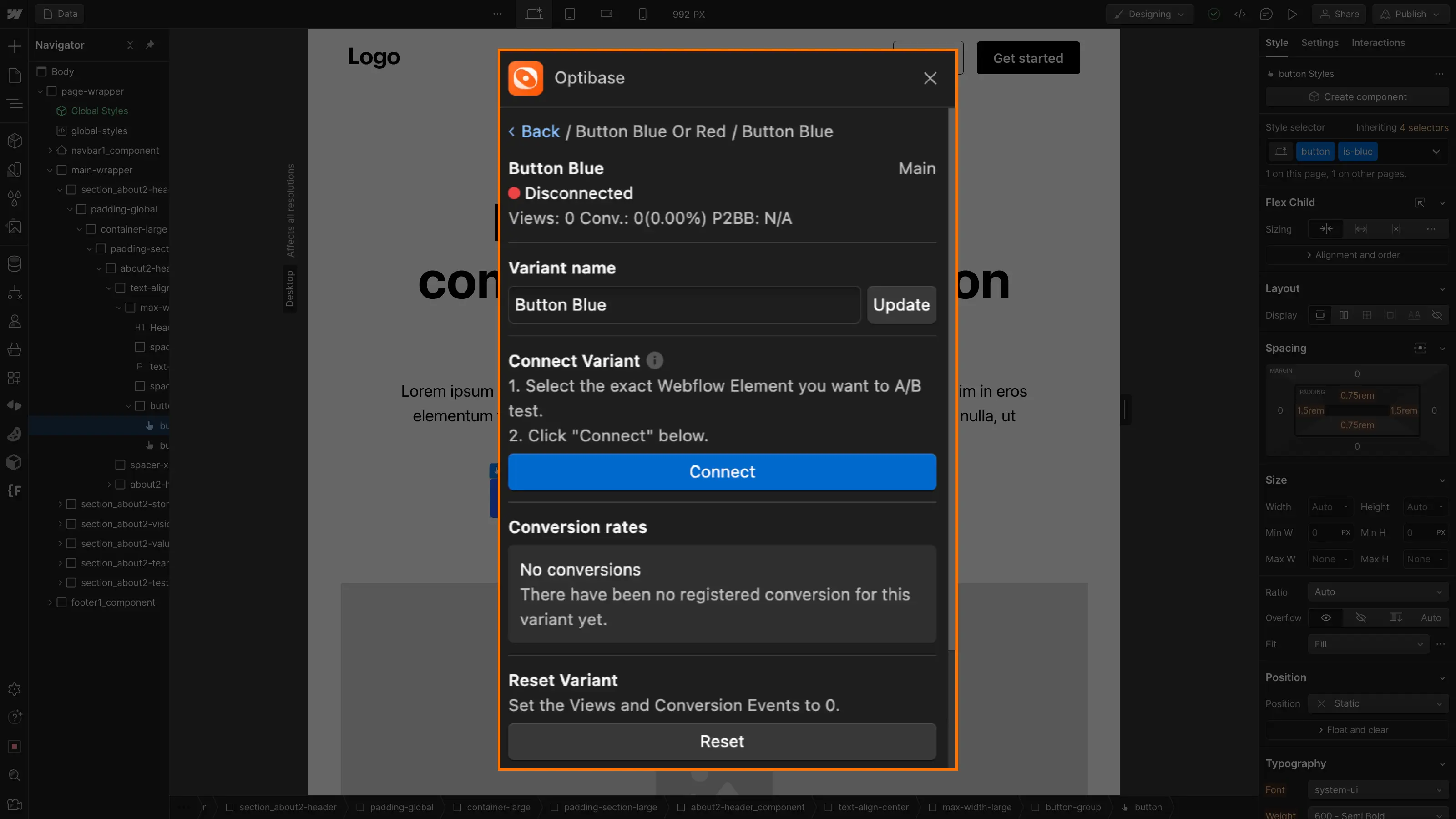 Variant creation for a/b testing optibase webflow