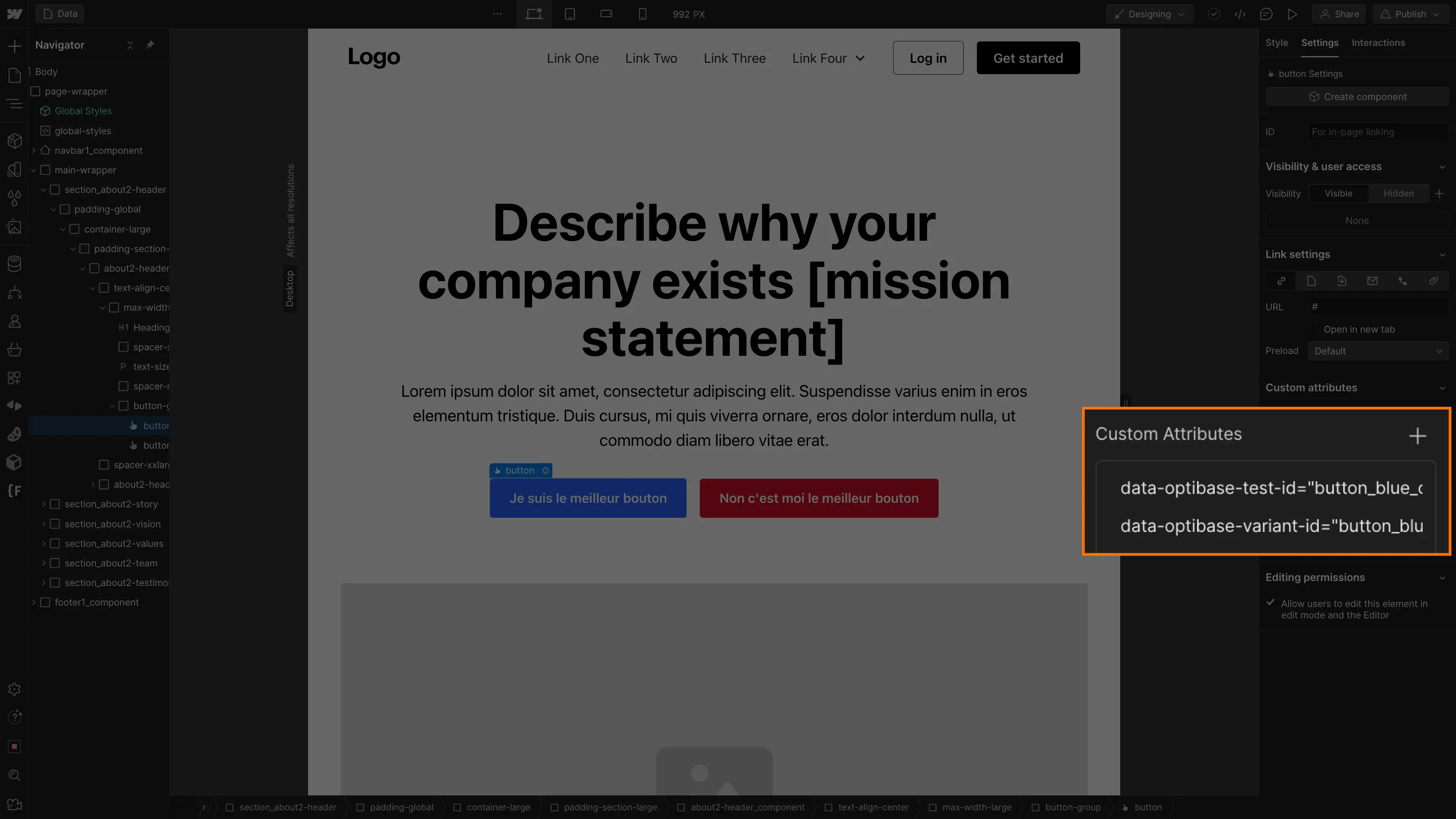 Optibase attributes on button for a/b webflow test