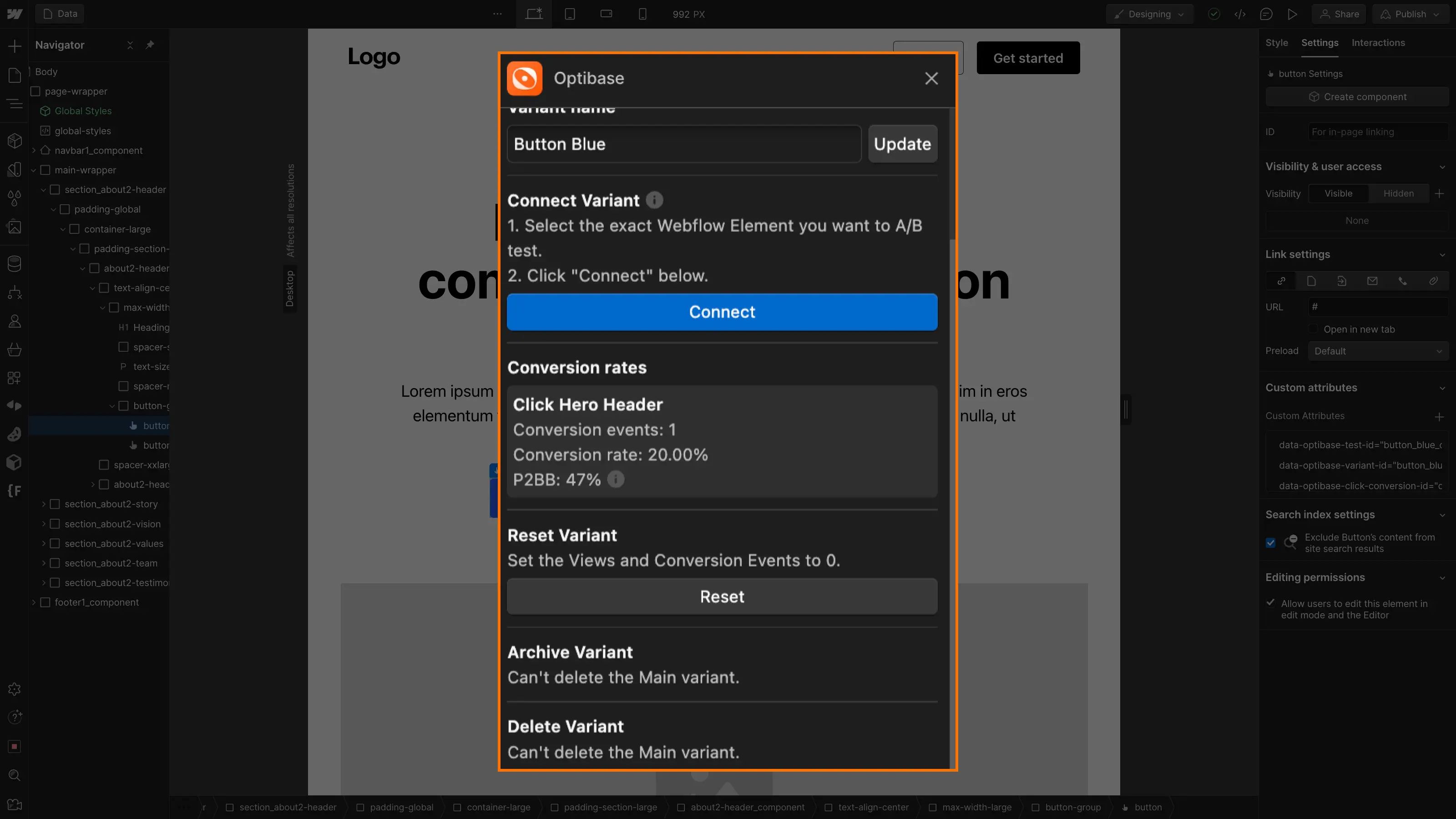 Suivi des taux de conversions des boutons de l'a/b test webflow