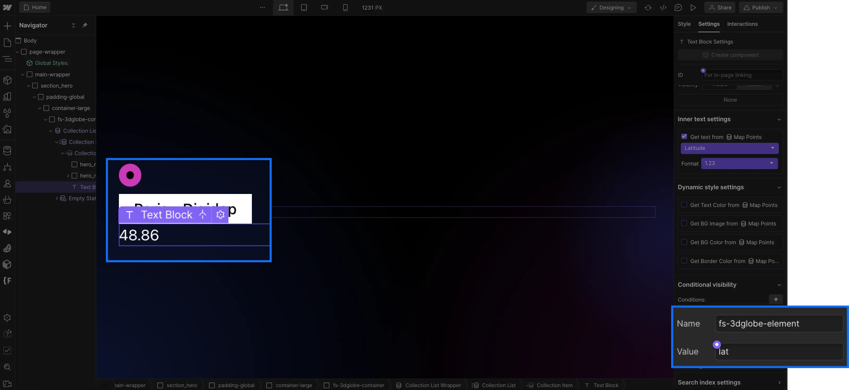 Latitude attribute for the CMS point on the 3d map in Webflow