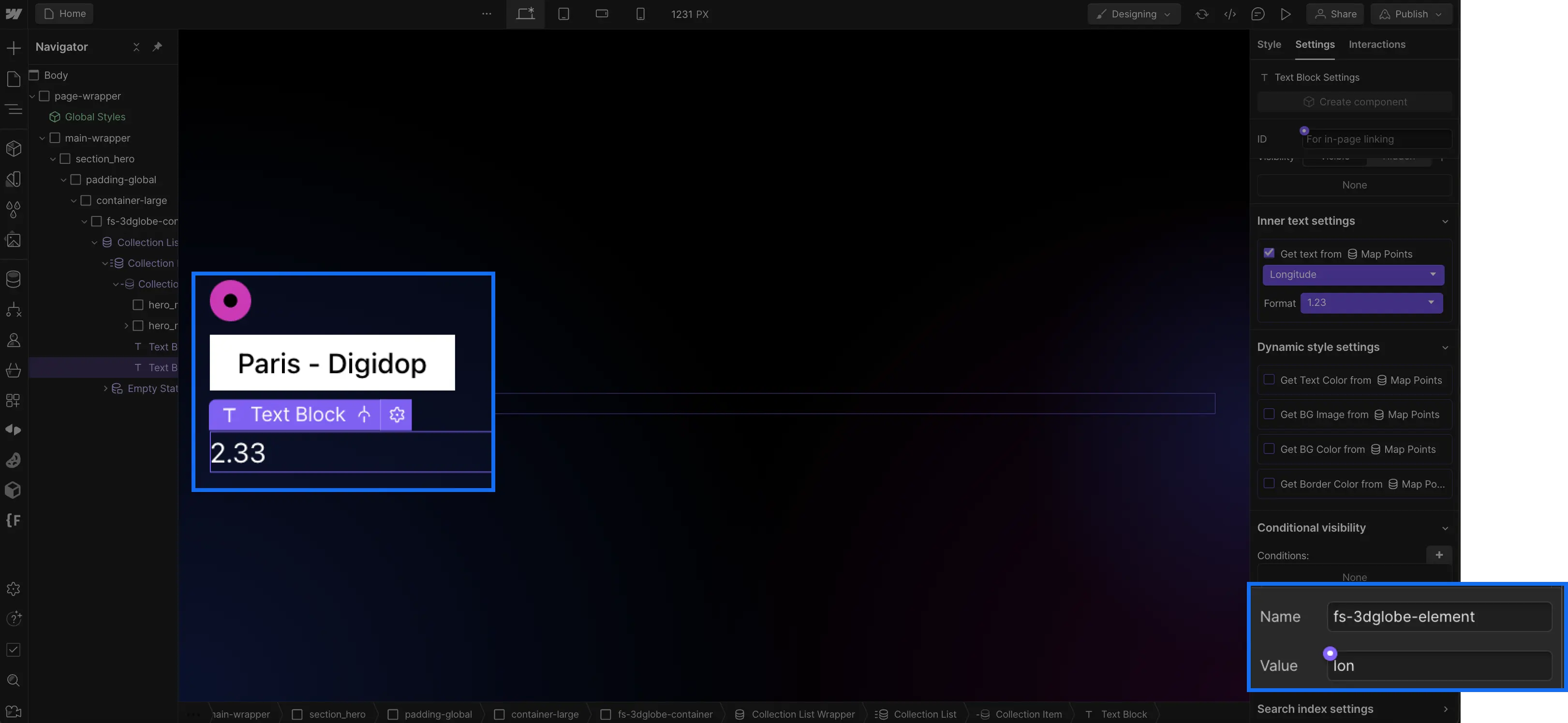 Longitude attribute for the CMS point on the 3d map in Webflow