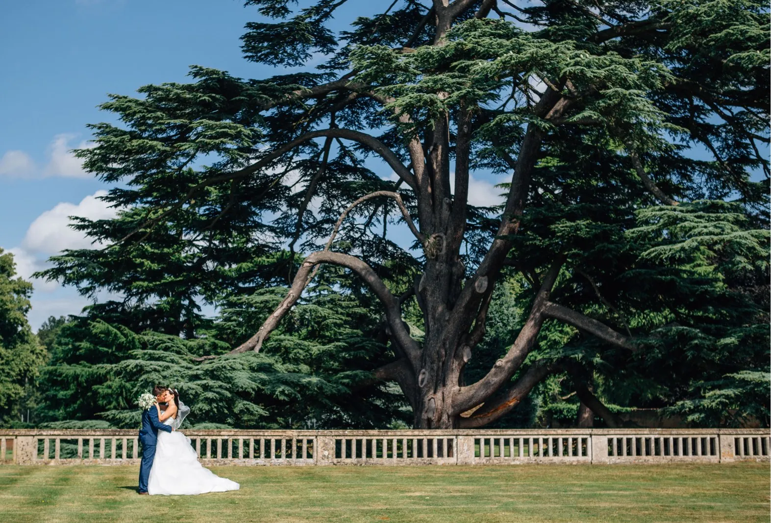A beautiful couple sharing a tender kiss under the majestic 400-year-old Cedar Tree in the east lawn of North Mymms Park. The grand tree's branches reach high above, creating a romantic and intimate setting for the couple's special moment. The natural beauty of the surroundings, combined with the couple's affectionate embrace, makes for a truly enchanting and timeless scene at this historic and picturesque location