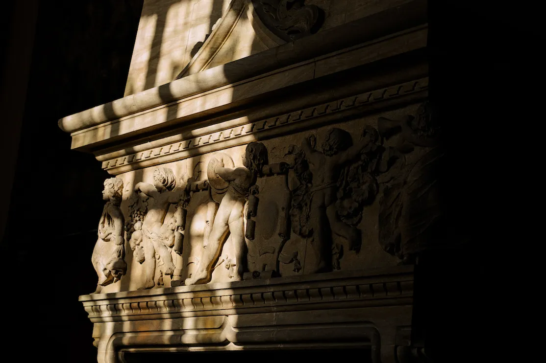 A close up picture of old fireplace in the North Mymms Park, dating back to 1515