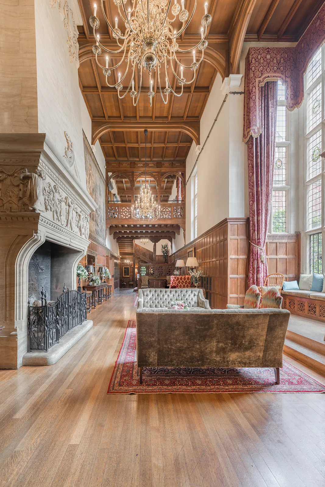 Elegant High Gallery at North Mymms Park, featuring stunning Elizabethan interiors with intricate woodwork, ornate details, and a timeless atmosphere perfect for special events