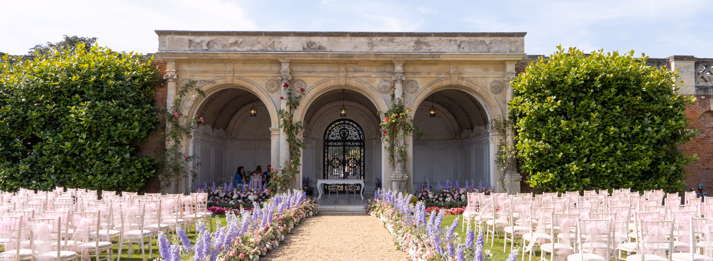 The Loggia, nestled in the gardens of North Mymms Park, provides a unique and elegant setting for civil ceremonies. Featuring neo-classical columns, magnificent mosaic ceilings, and intricate detailing, it offers an unforgettable backdrop for your wedding vows.