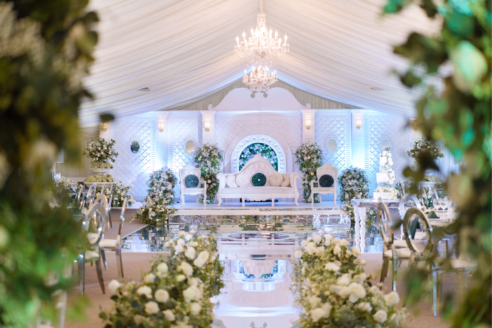 Beautiful stage setup for a Nikkah ceremony in the elegant Pavilion of North Mymms Park, featuring stylish decor and a spacious atmosphere.