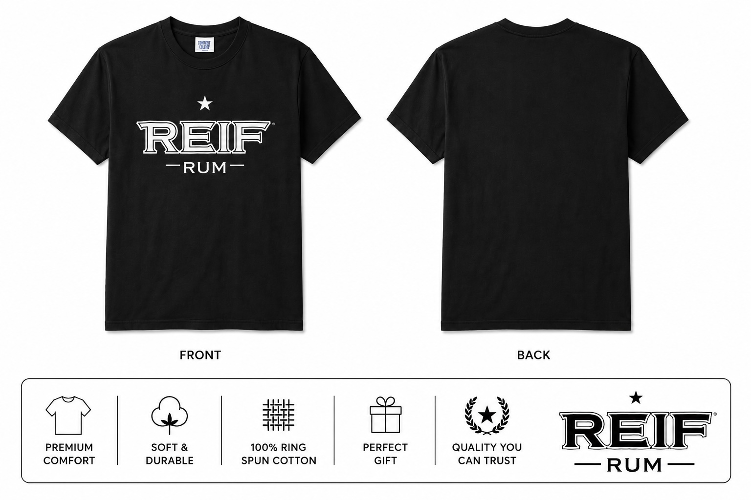 Reif Rum black t-shirt, front and back