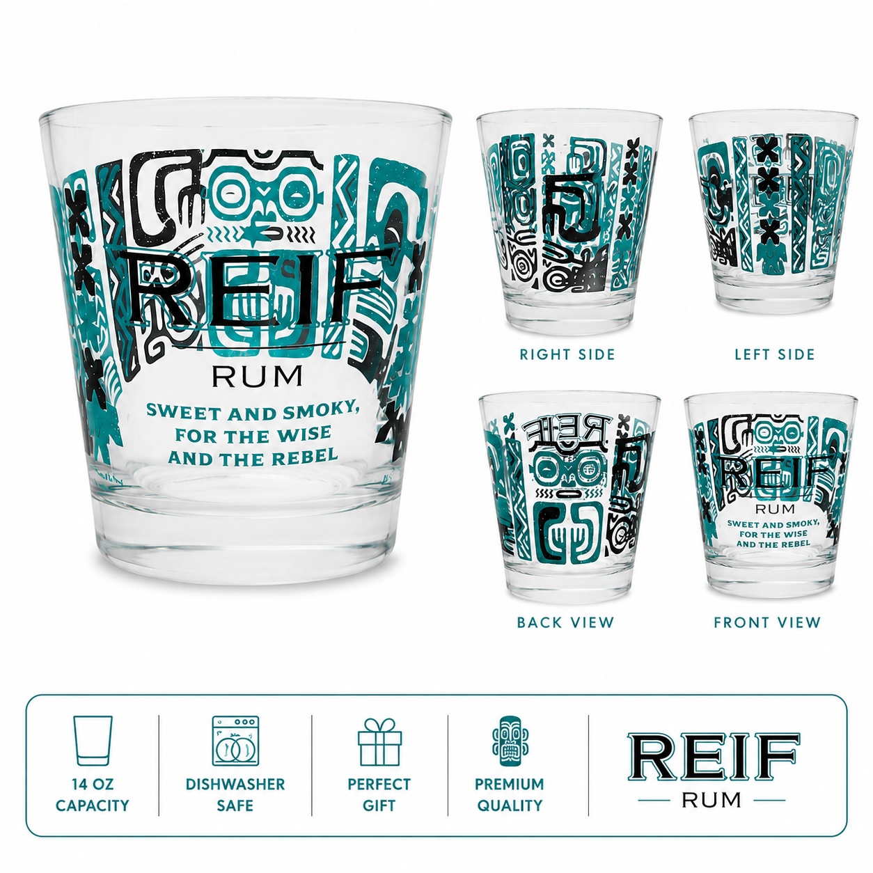 Reif Rum 14 oz tiki glass with teal artwork