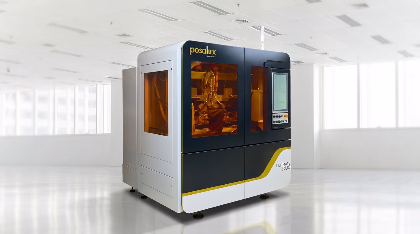 Posalux Ultimate Duo mechanical micro-machining machine in a bright industrial space.