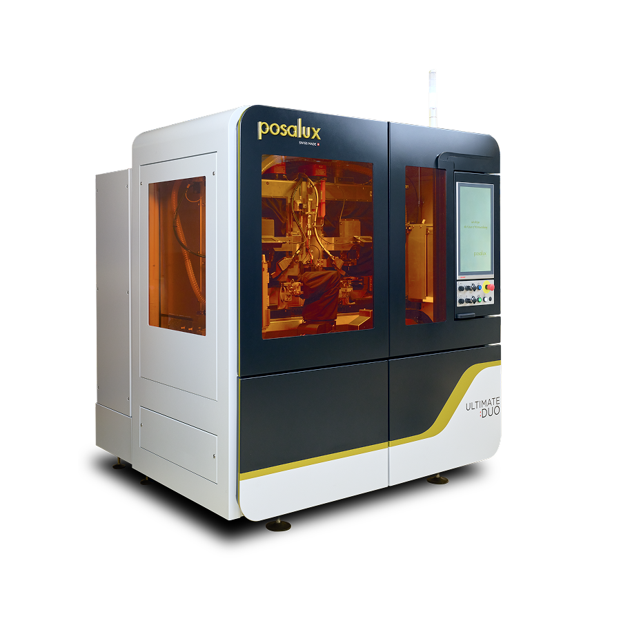 Posalux Ultimate Duo micro-machining machine with black and white casing and a control panel screen.
