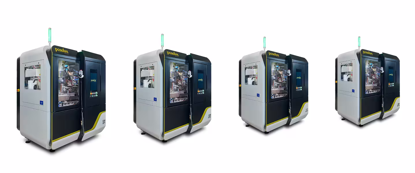 Three Posalux EDM machines labeled HP1, HP2, and HP4, each with a black and white casing and digital control panels.