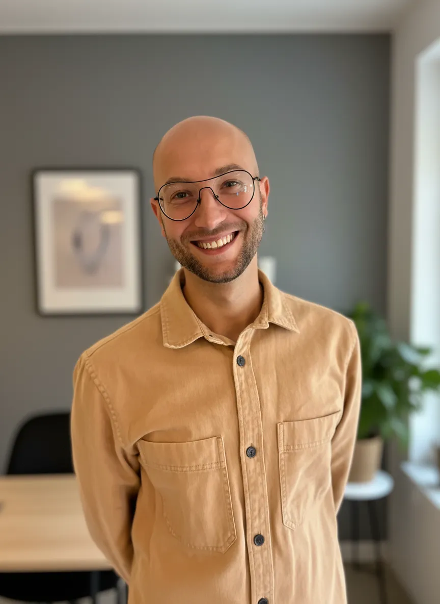 Smilende Kacper Kij fra Gmerk.no, presenterer en profesjonell tilnærming til grafisk design.