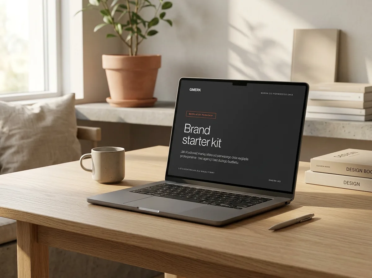Brand starter kit GMERK na laptopie w jasnym, skandynawskim home office.