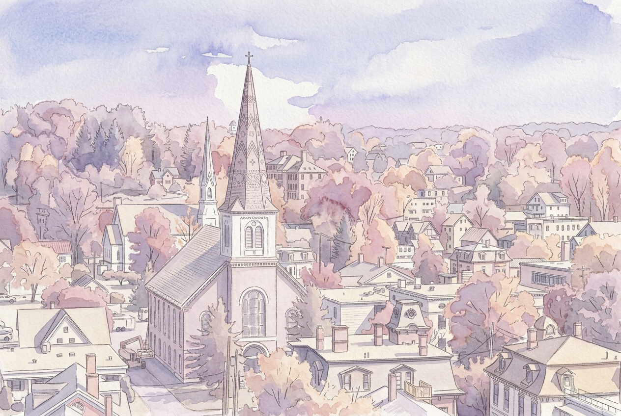 Watercolor view of Somerville, Massachusetts