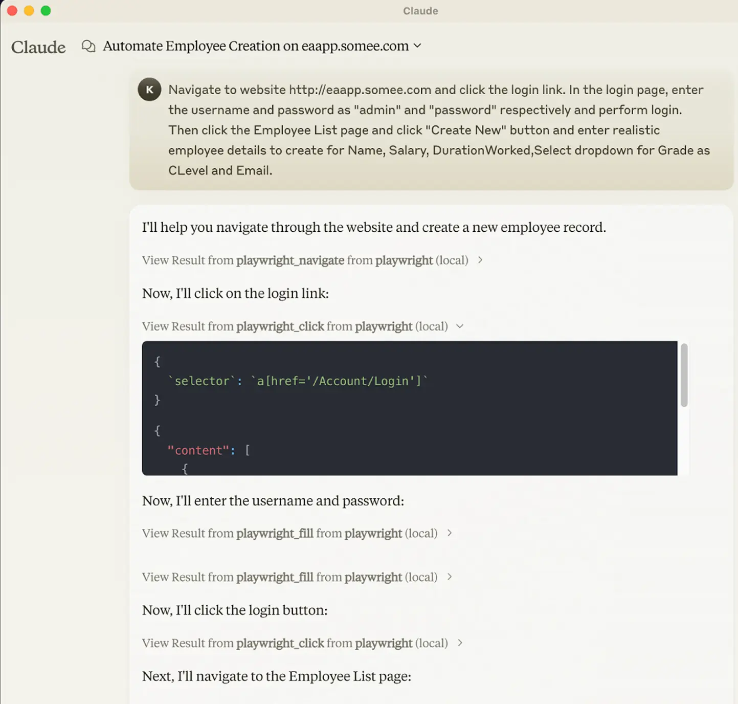 Screenshot of Claude desktop creating Octomind test via mcp