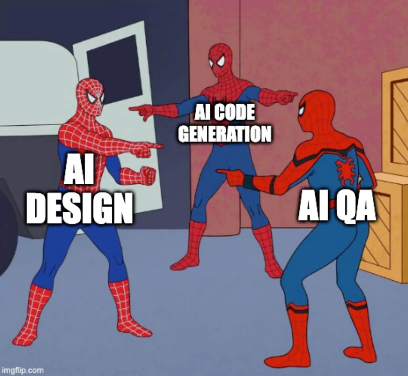 3 spiderman meme mocking ai code generation / design / QA