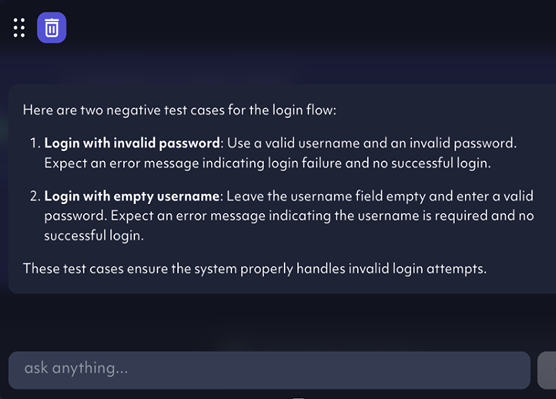 octomind app screenshot of the chat with AI Agent feature - example use - creation of test cases