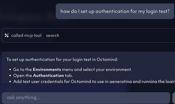octomind app screenshot of the chat with AI Agent feature - example - ask about Octomind use