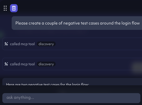 octomind app screenshot of the chat with AI Agent feature - example use - creation of test cases
