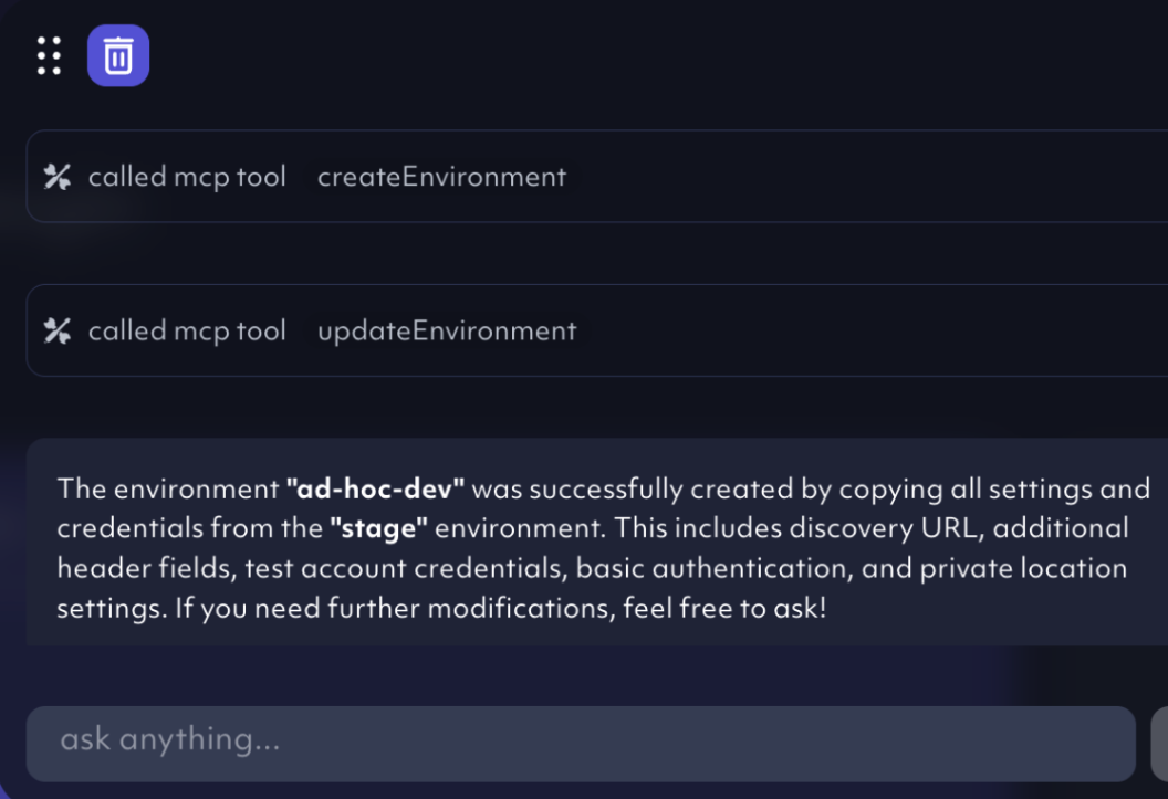 octomind app screenshot of the chat with AI Agent feature - example use - create and setup an environment