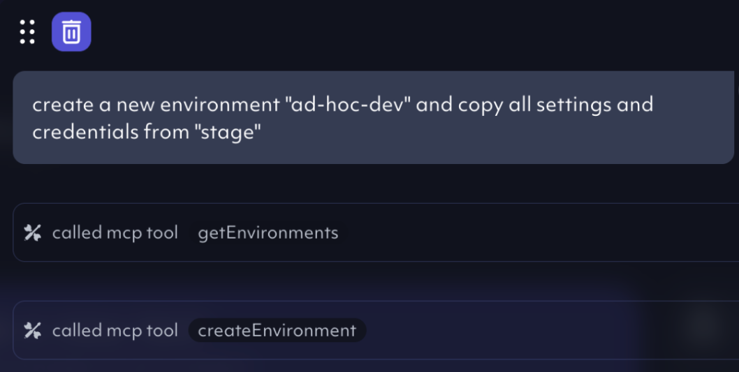 octomind app screenshot of the chat with AI Agent feature - example use - create and setup an environment