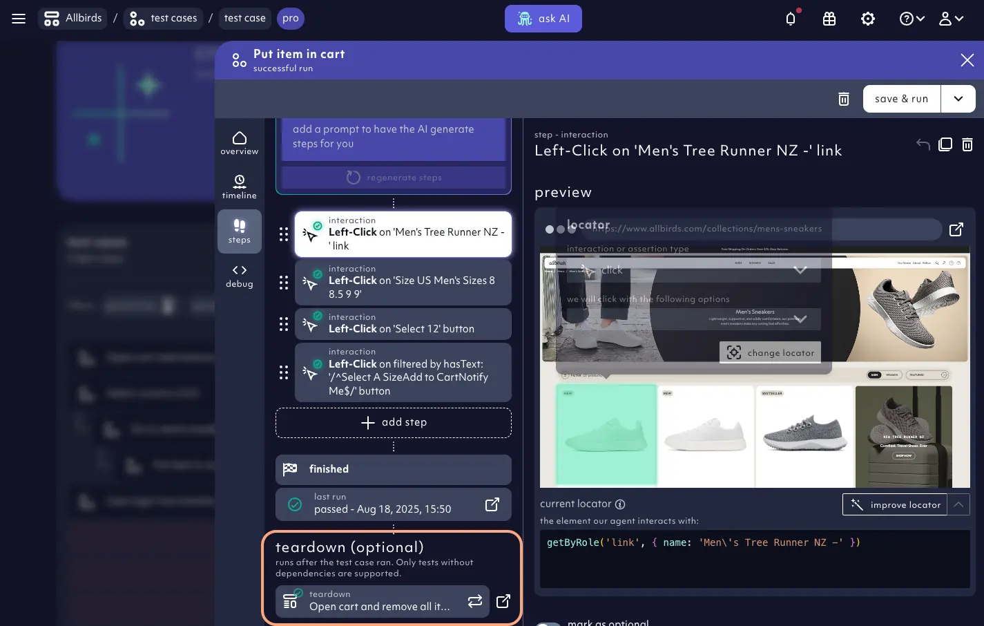 teardown of a test case, octomind app screenshot