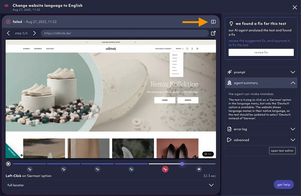 compare test runs splitview icon, octomind app screenshot