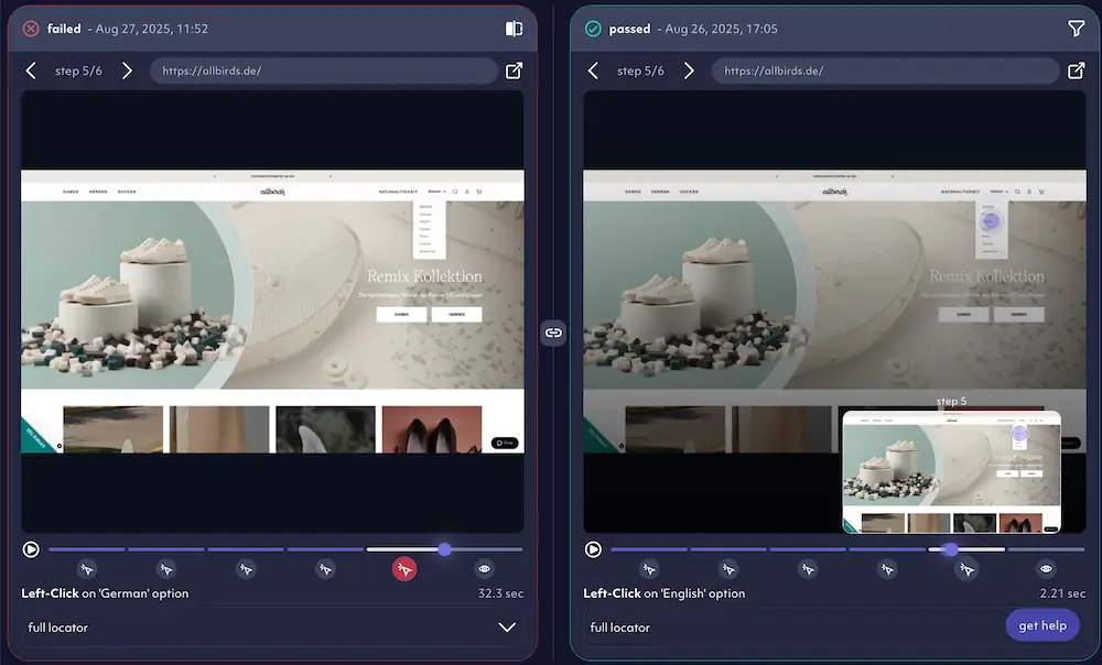 compare test runs view, octomind app screenshot