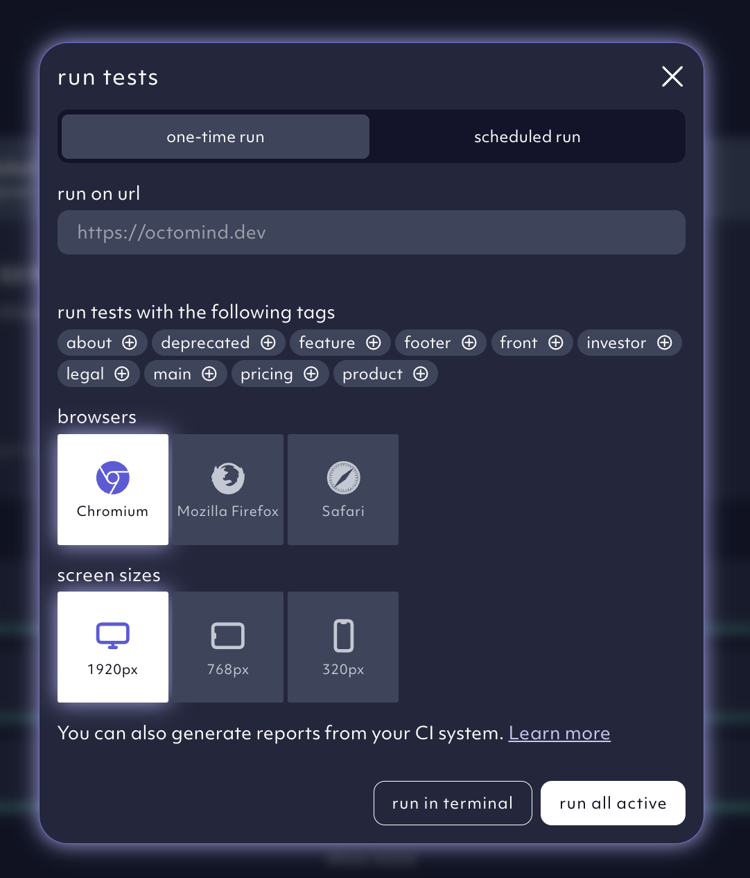 run tests options modal - Octomind app screenshot